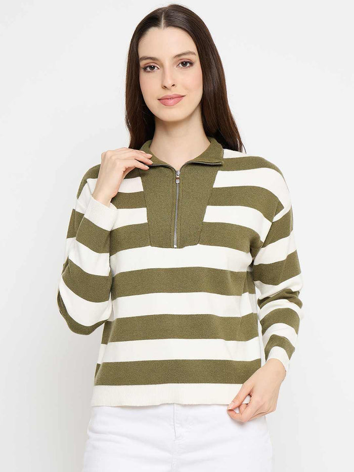Madame Striped Zip Up Olive Green Sweater