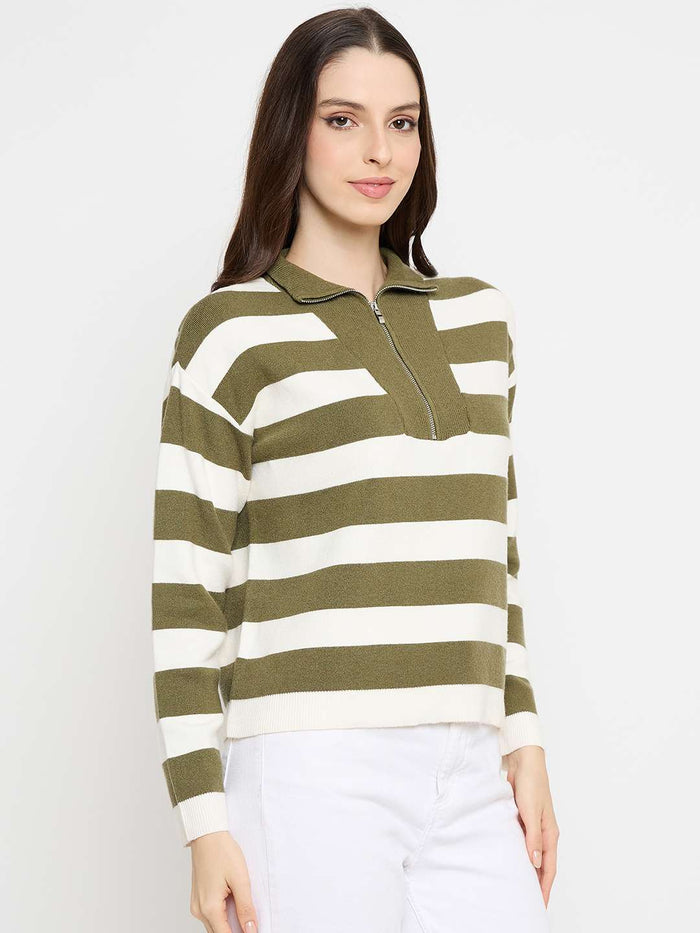 Madame Striped Zip Up Olive Green Sweater
