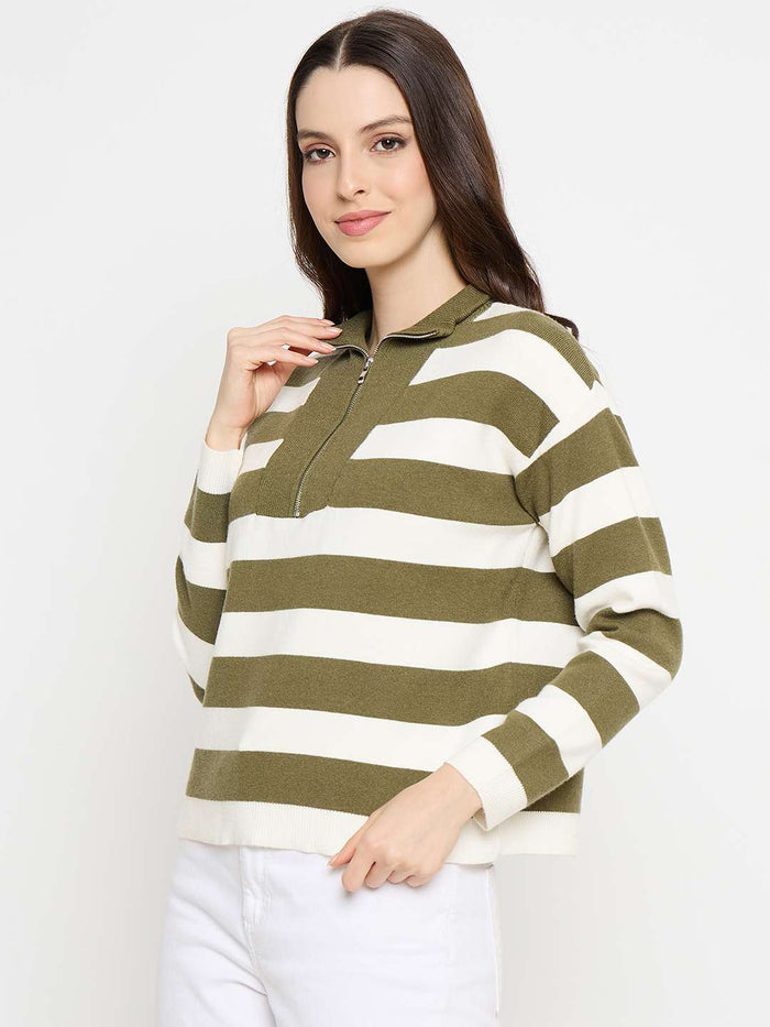 Madame Striped Zip Up Olive Green Sweater