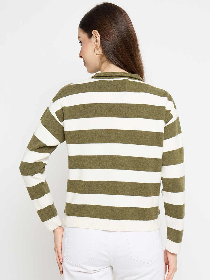 Madame Striped Zip Up Olive Green Sweater
