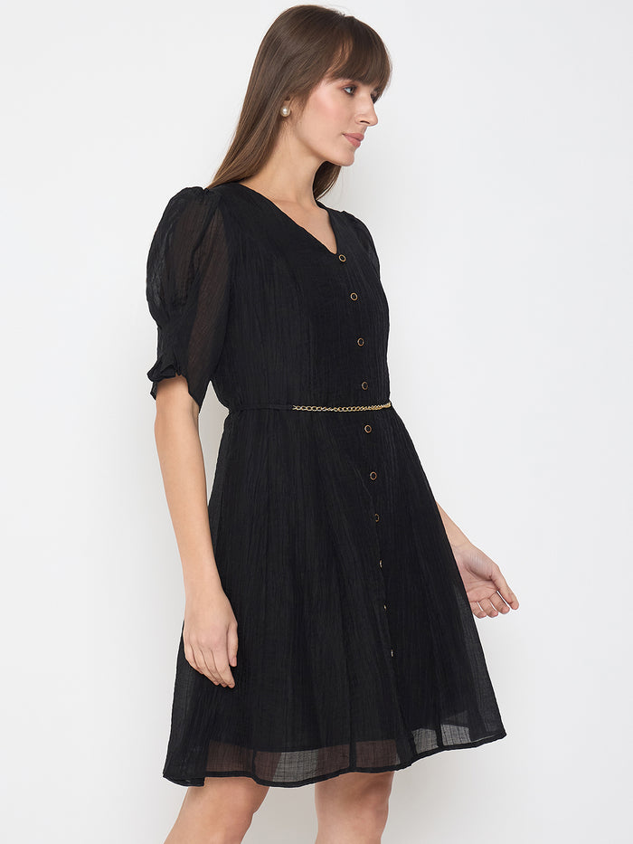 Madame Textured Belted Black Mini A Line Dress