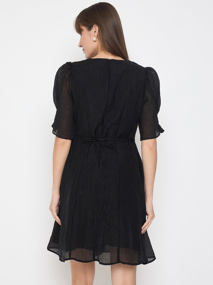 Madame Textured Belted Black Mini A Line Dress