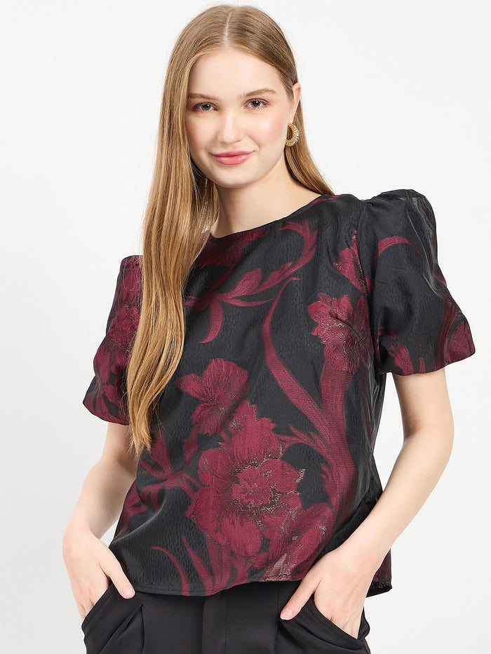 Madame Textured Burgundy Puff Sleeve Top
