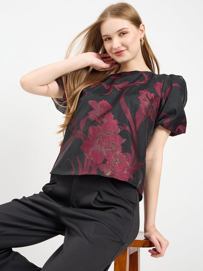 Madame Textured Burgundy Puff Sleeve Top