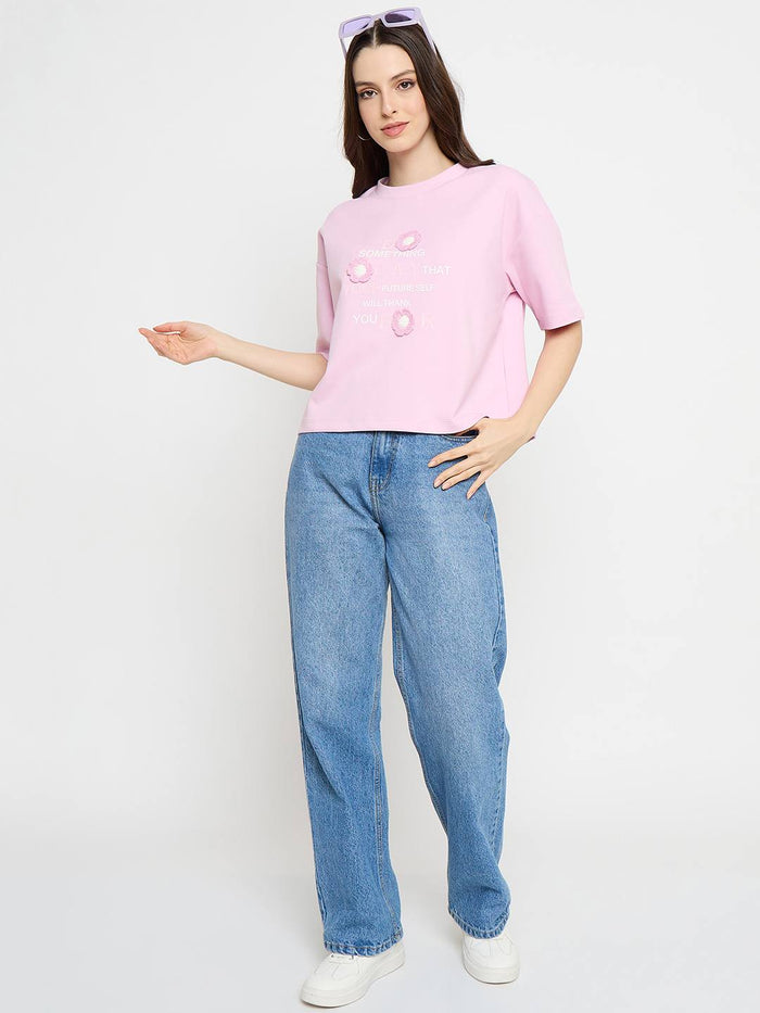 Madame Typography Print Accented Pink T-Shirt