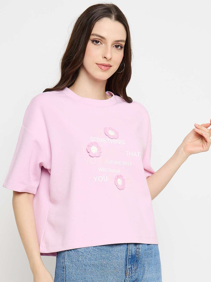 Madame Typography Print Accented Pink T-Shirt