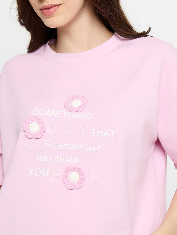 Madame Typography Print Accented Pink T-Shirt