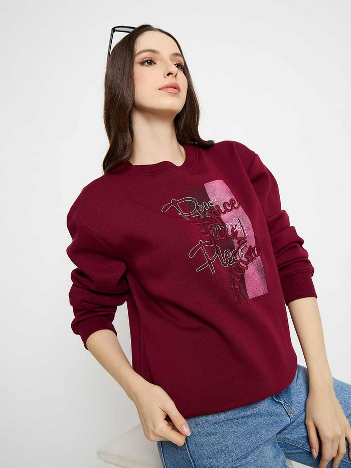 Madame Typography Printed Wine Red Pullover Sweatshirt