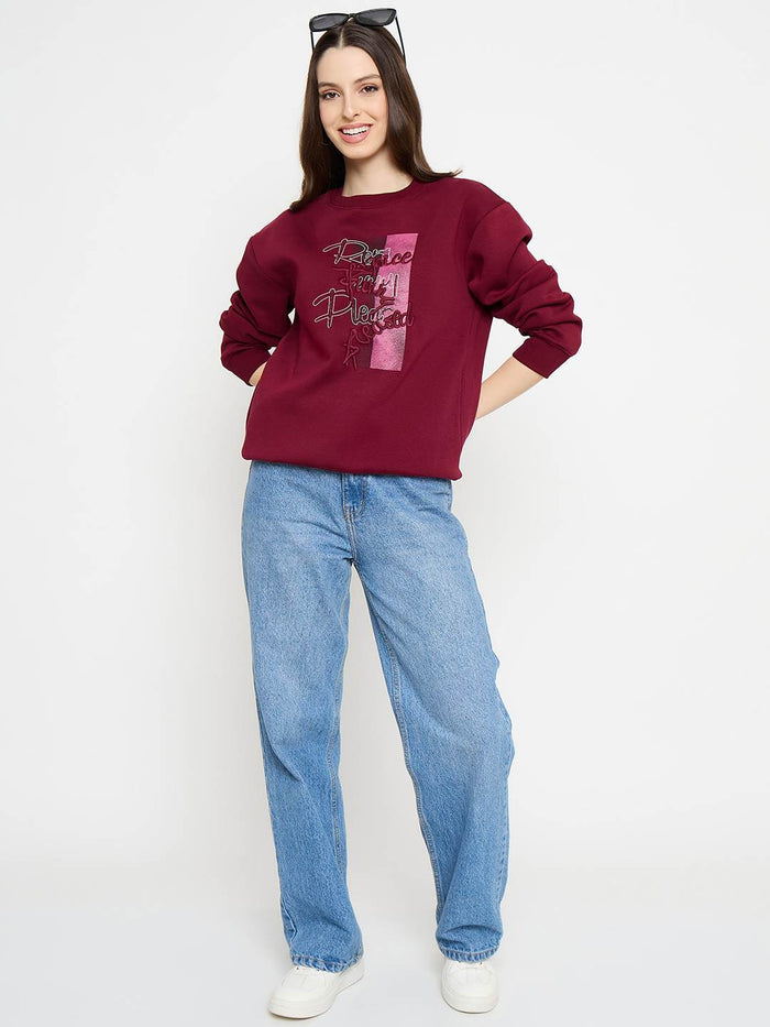 Madame Typography Printed Wine Red Pullover Sweatshirt