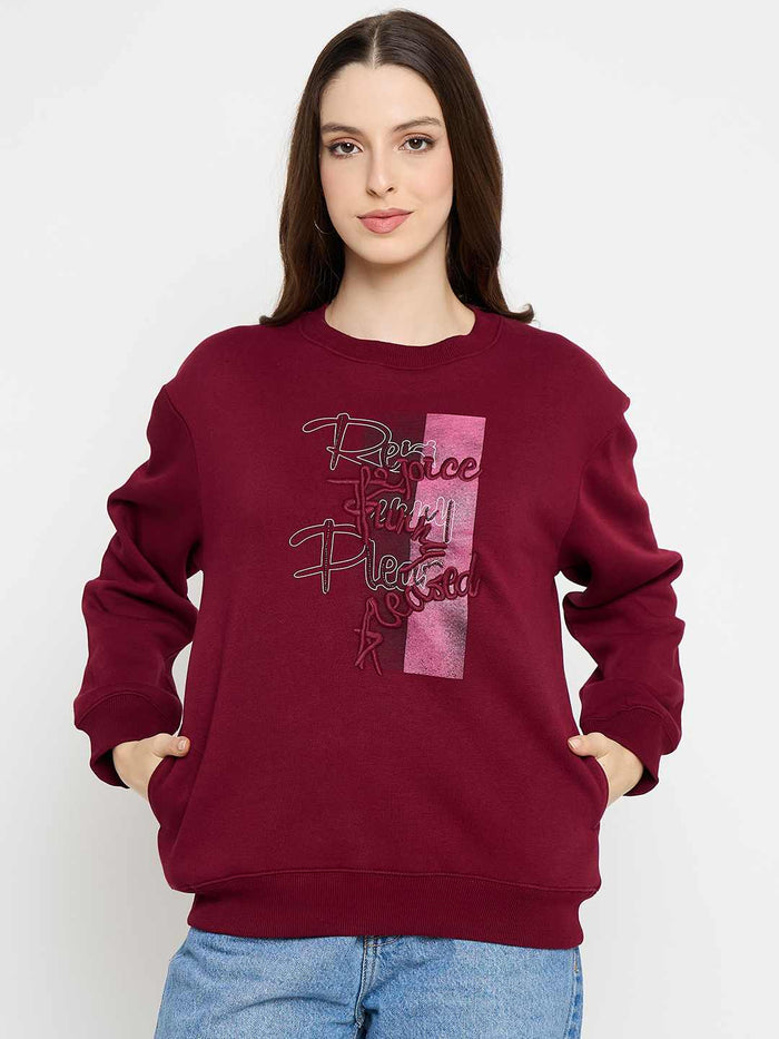 Madame Typography Printed Wine Red Pullover Sweatshirt