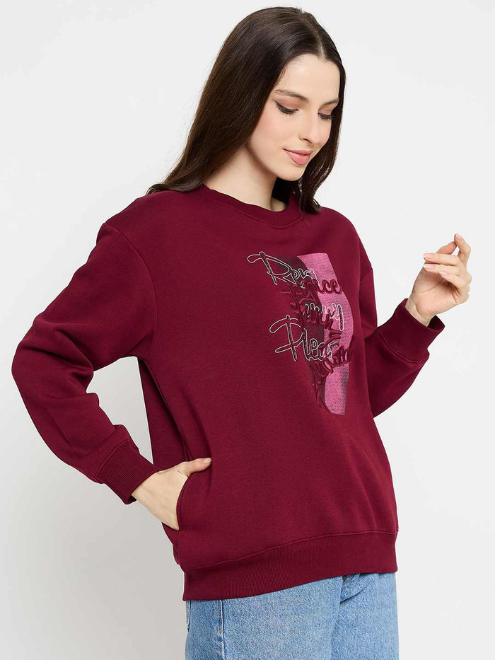 Madame Typography Printed Wine Red Pullover Sweatshirt