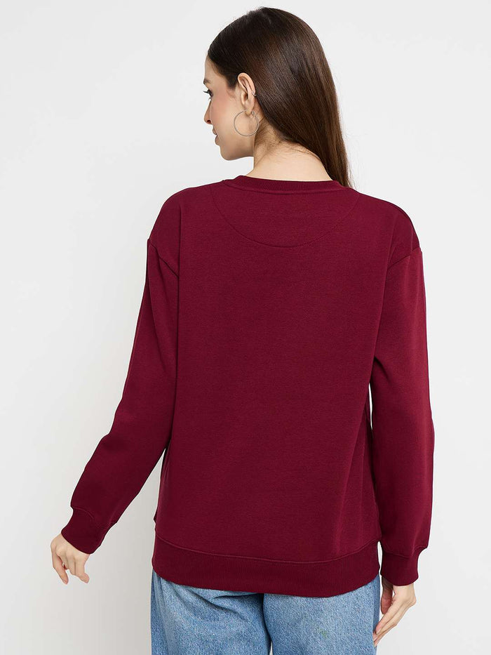 Madame Typography Printed Wine Red Pullover Sweatshirt