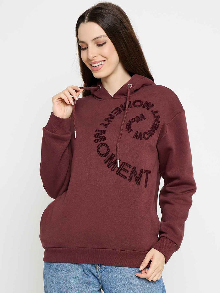 Madame Typograpy Print Hooded Brown Sweatshirt