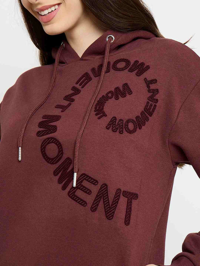 Madame Typograpy Print Hooded Brown Sweatshirt