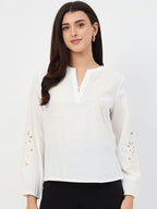 Madame White Embroidered Cotton-Linen Tunic Top
