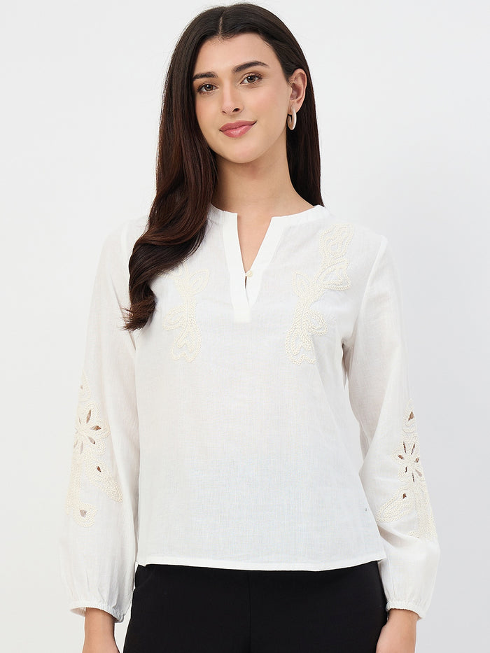 Madame White Embroidered Cotton-Linen Tunic Top