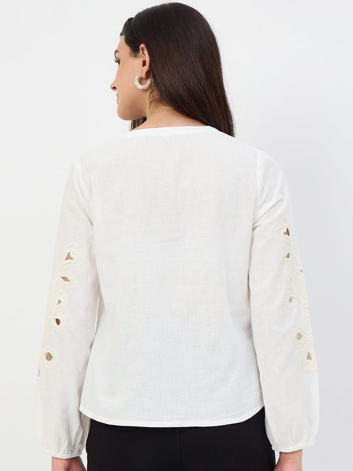 Madame White Embroidered Cotton-Linen Tunic Top