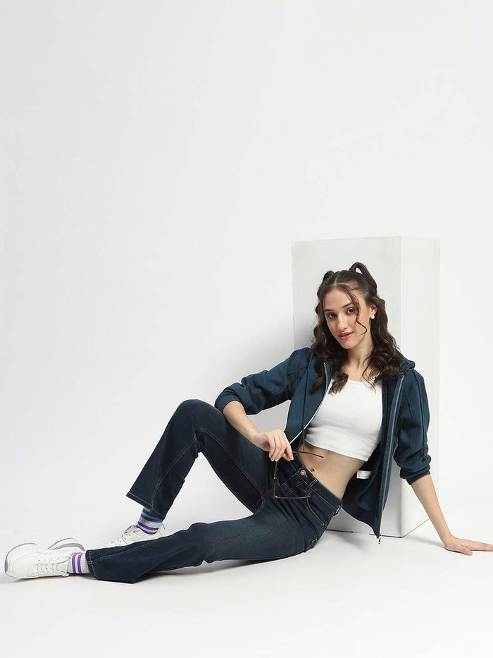 Madame Zip and Hooded Solid Peacock Cotton Sweatshirt