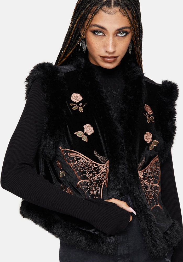 Maeve Faux Fur Embroidered Moth Gilet