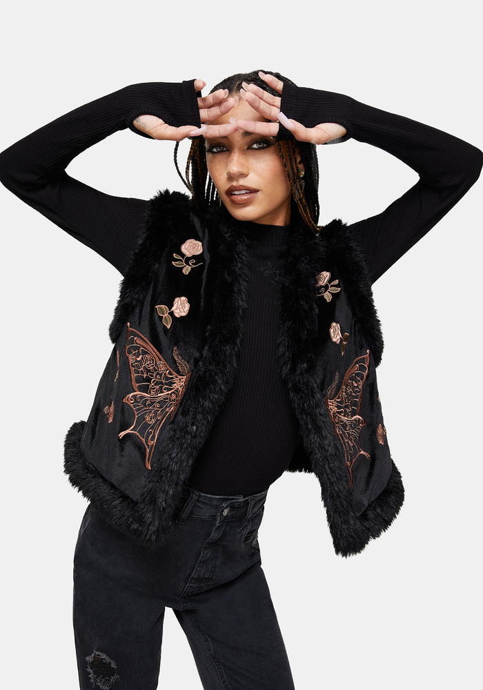 Maeve Faux Fur Embroidered Moth Gilet