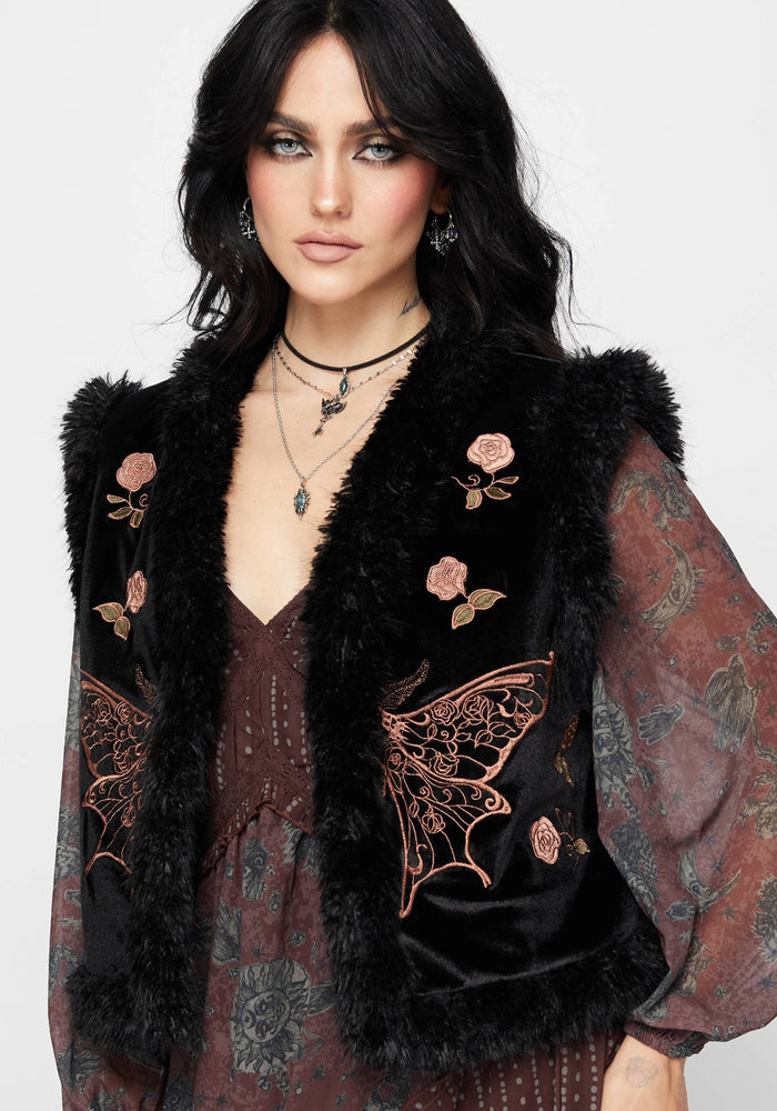 Maeve Faux Fur Embroidered Moth Gilet