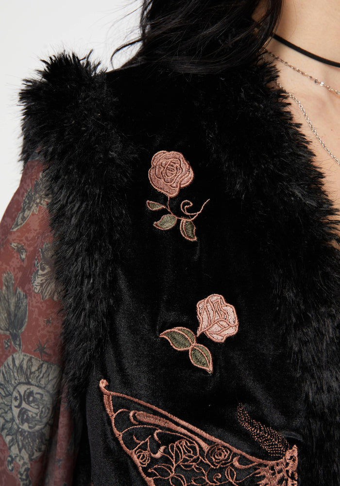 Maeve Faux Fur Embroidered Moth Gilet