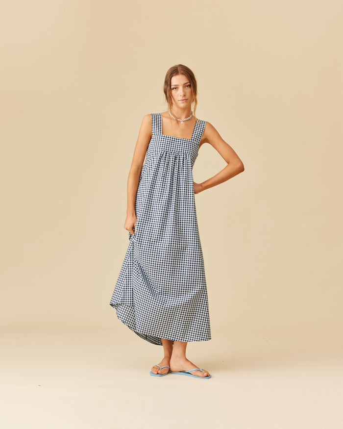 MARGIE TIE-BACK MAXI DRESS BABY BLUE NAVY GINGHAM
