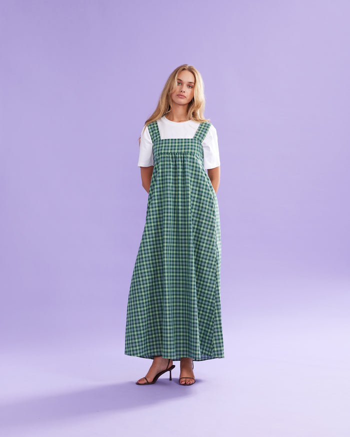 MARGIE TIE-BACK MAXI DRESS GREEN TARTAN