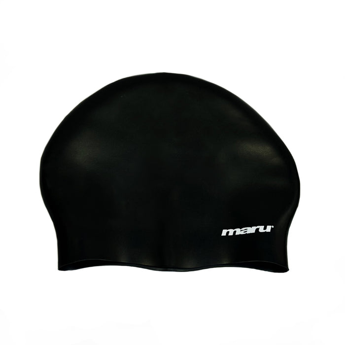 Black Maru long hair silicone swim hat designed to fit comfortably and securely for swimmers with long hair.