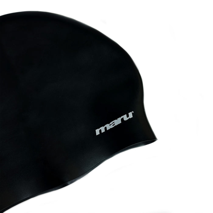 Maru long hair silicone swim hat in black, designed for women with long hair, fits snugly to keep hair dry during swimming.
