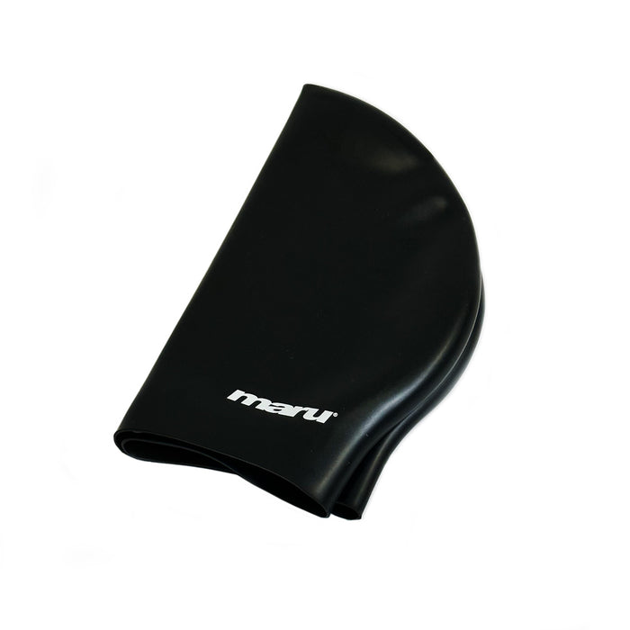 Maru long hair silicone swim hat in black, designed for swimmers with long hair, fits snugly to keep hair dry and streamlined.