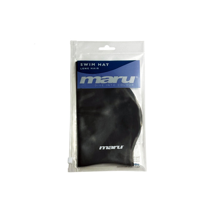 Black Maru long hair silicone swim hat designed for women with long hair, providing a snug fit and water resistance.