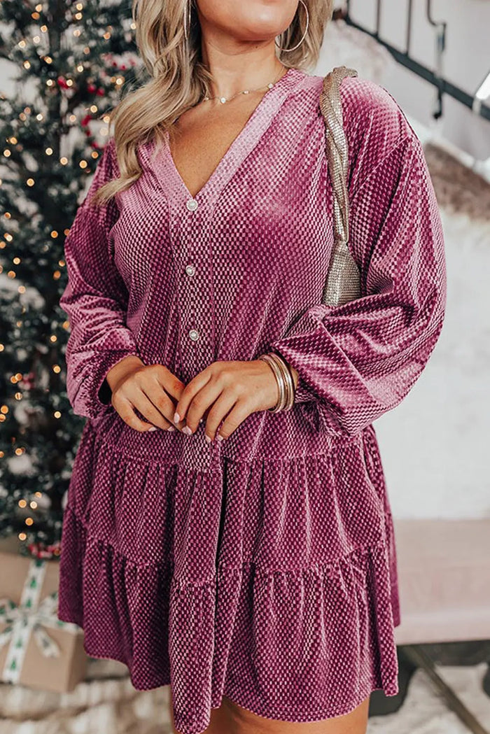 Shop Meadow Mauve Plus Size Textured Velvet Tiered Button V Neck Dress at eAura