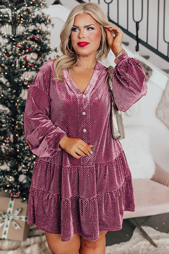 Shop Meadow Mauve Plus Size Textured Velvet Tiered Button V Neck Dress at eAura