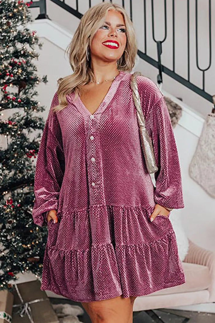 Shop Meadow Mauve Plus Size Textured Velvet Tiered Button V Neck Dress at eAura