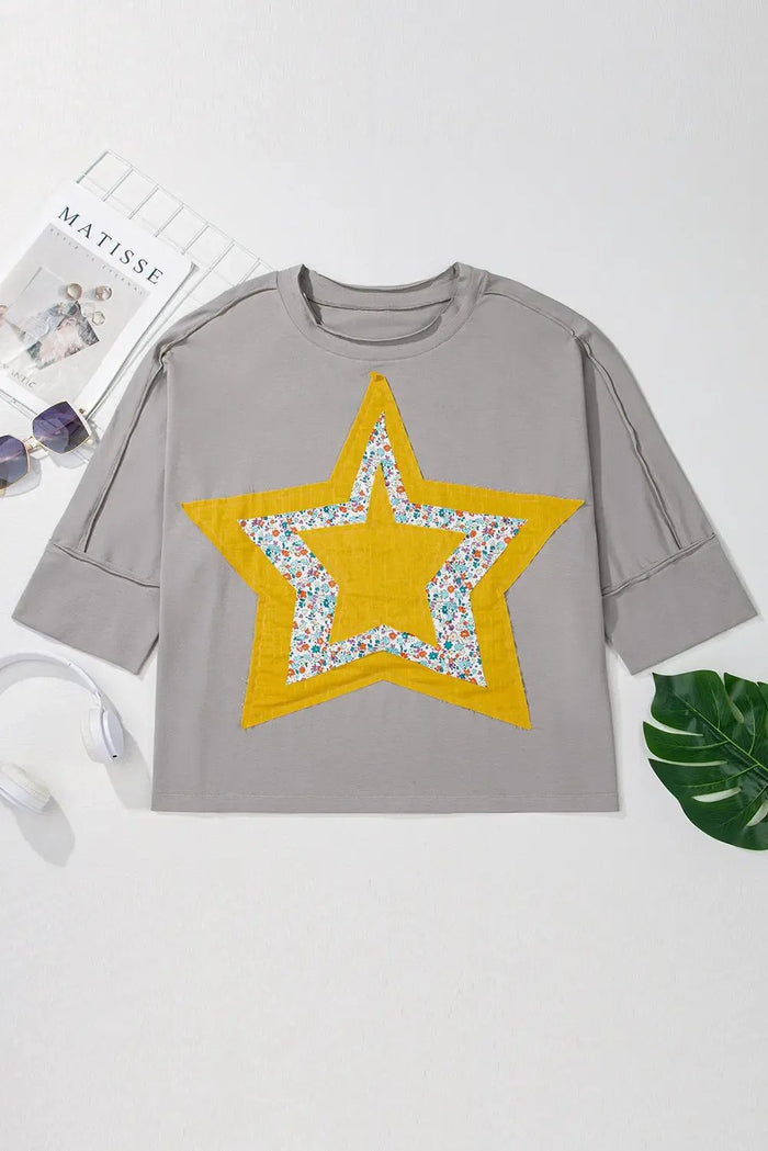 Shop Medium Grey Floral Star Patched Pattern 3/4 Sleeve Plus Size Top at eAura