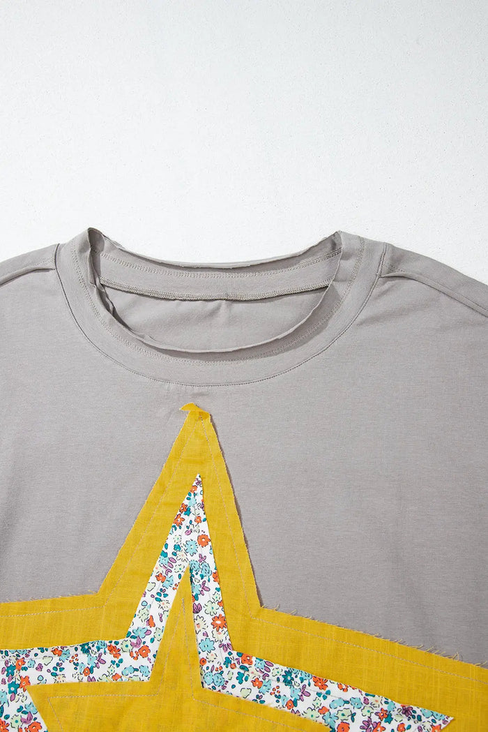 Shop Medium Grey Floral Star Patched Pattern 3/4 Sleeve Plus Size Top at eAura