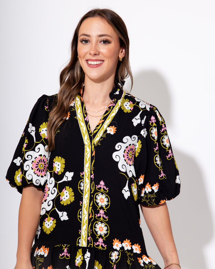 Midnight Blossom Puff Sleeve Dress