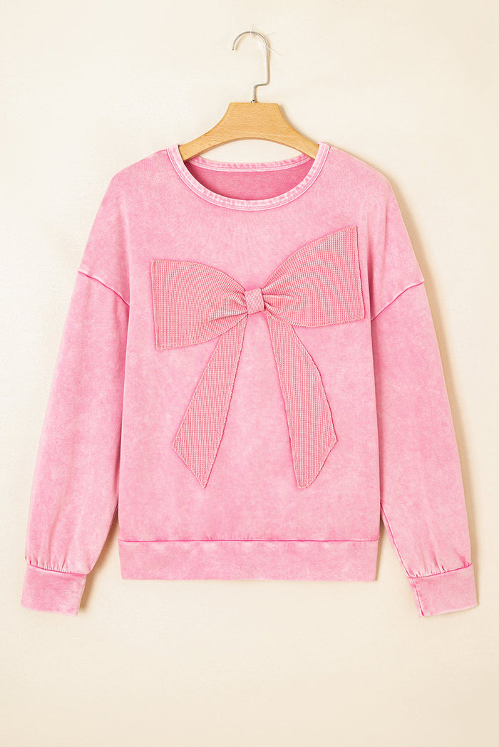 Mineral Wash Big Bow Patchwork Pullover Sweatshirt - Tops/Sweatshirts & Hoodies