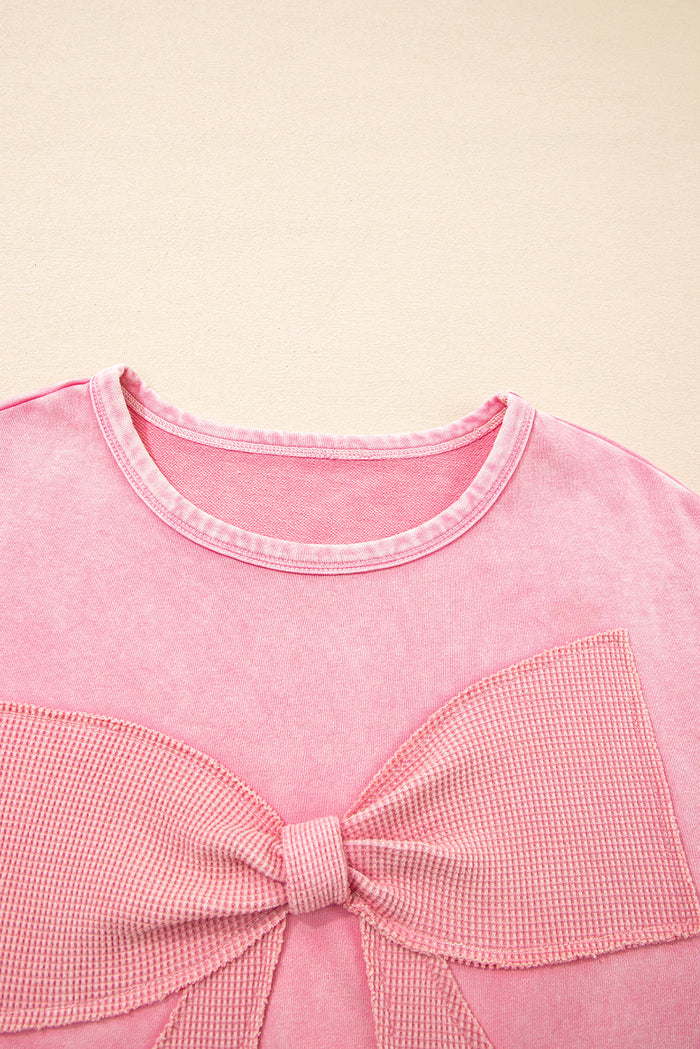 Mineral Wash Big Bow Patchwork Pullover Sweatshirt - Tops/Sweatshirts & Hoodies