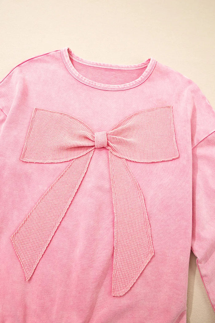 Mineral Wash Big Bow Patchwork Pullover Sweatshirt - Tops/Sweatshirts & Hoodies