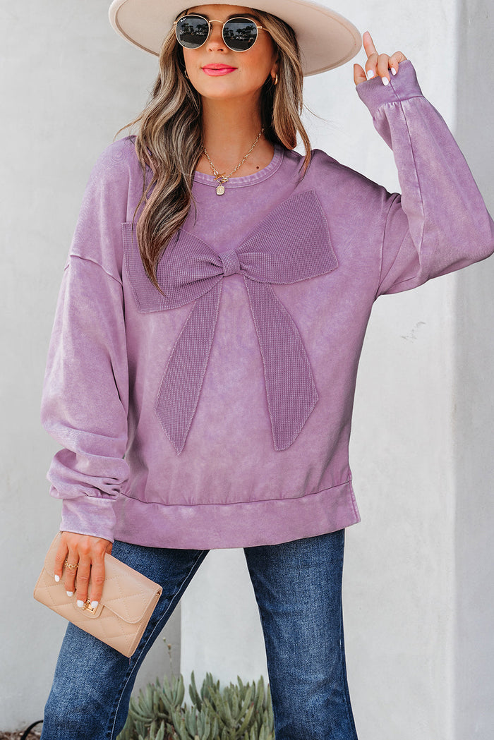 Mineral Wash Big Bow Patchwork Pullover Sweatshirt - Purple / S - Tops/Sweatshirts & Hoodies