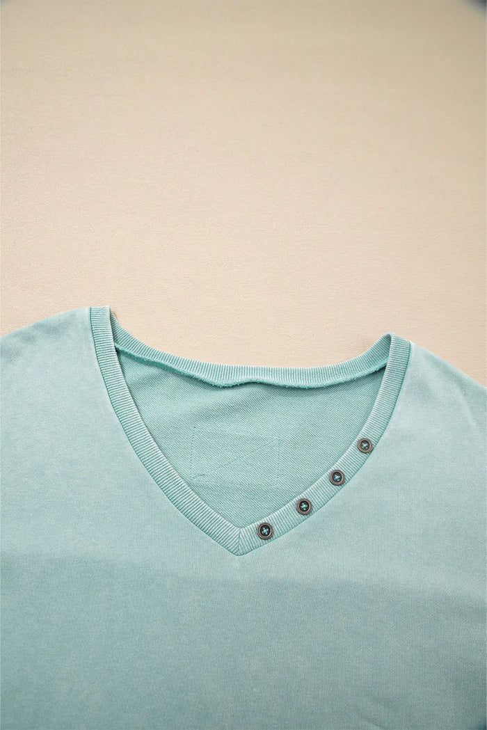 Mineral Wash Exposed Seam Buttoned V-Neck Pullover Top - Tops/Long Sleeve Tops