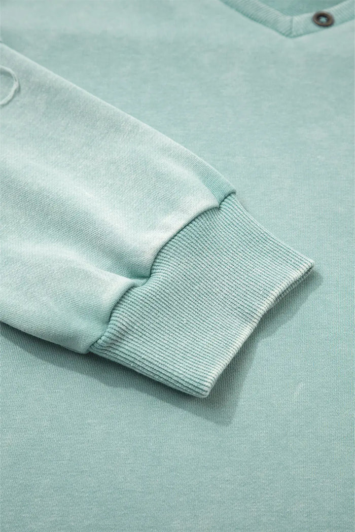 Mineral Wash Exposed Seam Buttoned V-Neck Pullover Top - Tops/Long Sleeve Tops
