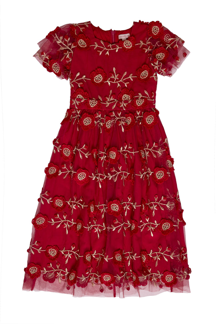 The front Red dress embroidered with gold floral details against a white background