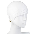 Gold mini cathedral hook earrings on a mannequin.