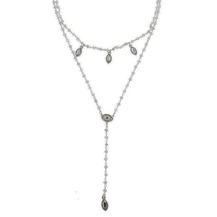 Silver beaded Y-necklace featuring eye and leaf charms.