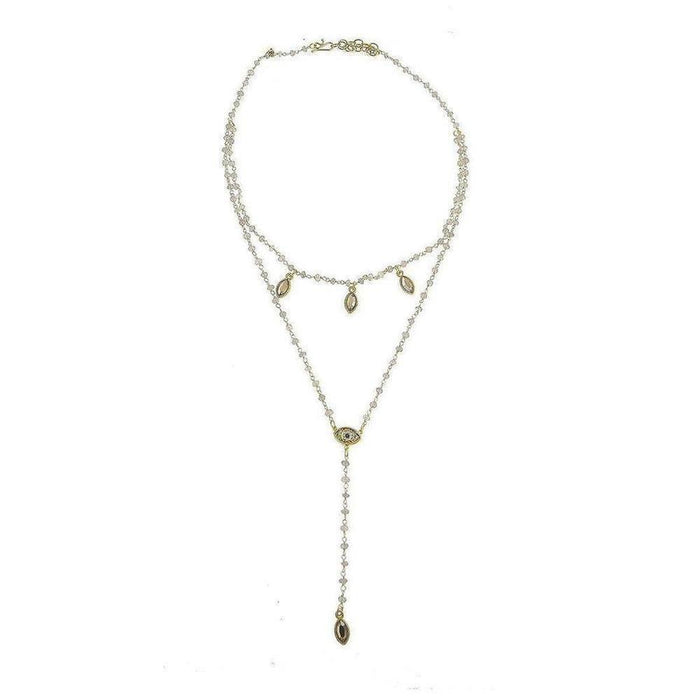 Delicate layered necklace featuring an evil eye charm and rose quartz beads.