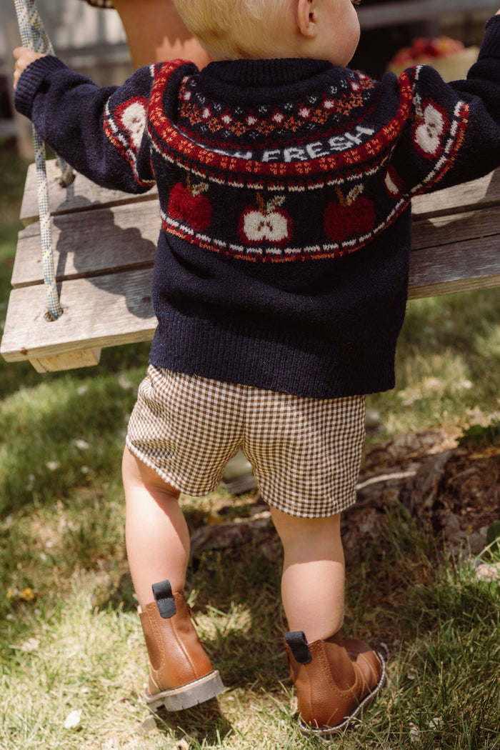 Wearing the Ivy City Co Mini Farm Fresh Sweater, a toddler stands next to a wooden swing on a grassy lawn, facing away from the camera. The navy patterned sweater dress features charming balloon sleeves and is paired with plaid shorts and brown boots.