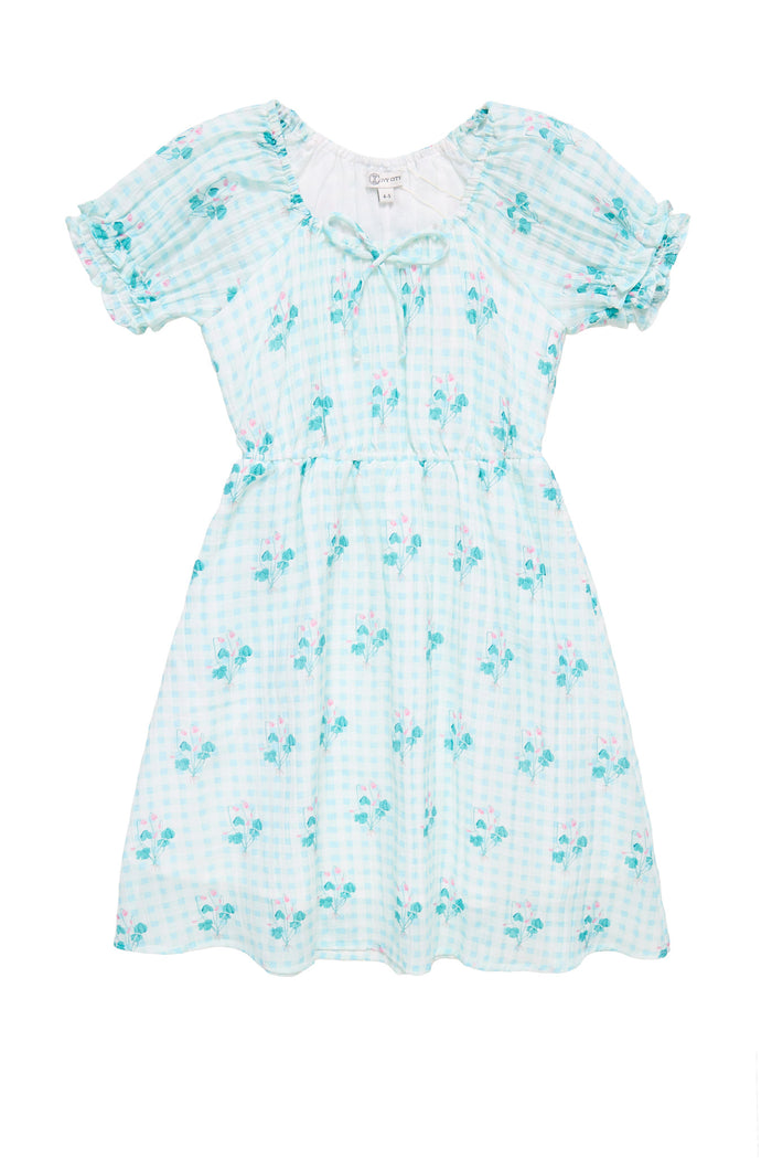 the front of a blue floral dress against a white background